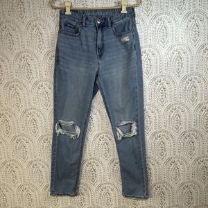 American Eagle Mom Jeans Size 2 Women's Light Wash Distressed Mid Rise Pockets